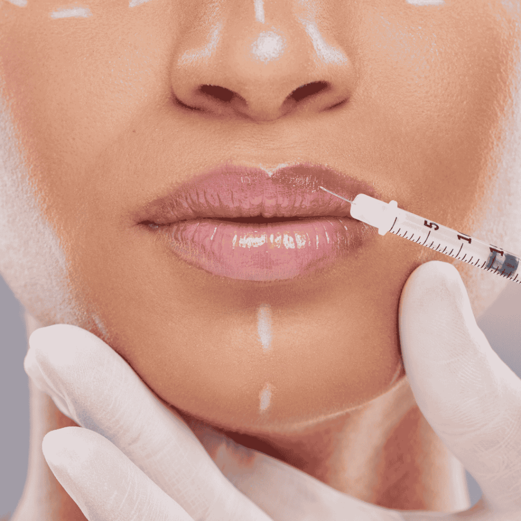 Close up of woman getting lip filler injected into her upper lip
