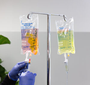 A close shot of IV bags for hormone replacement therapy near Mountain Lakes, NJ.